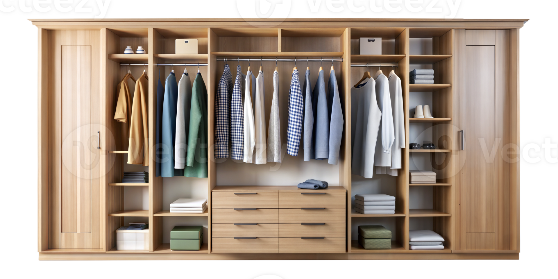 A wooden closet with clothes and clothes png