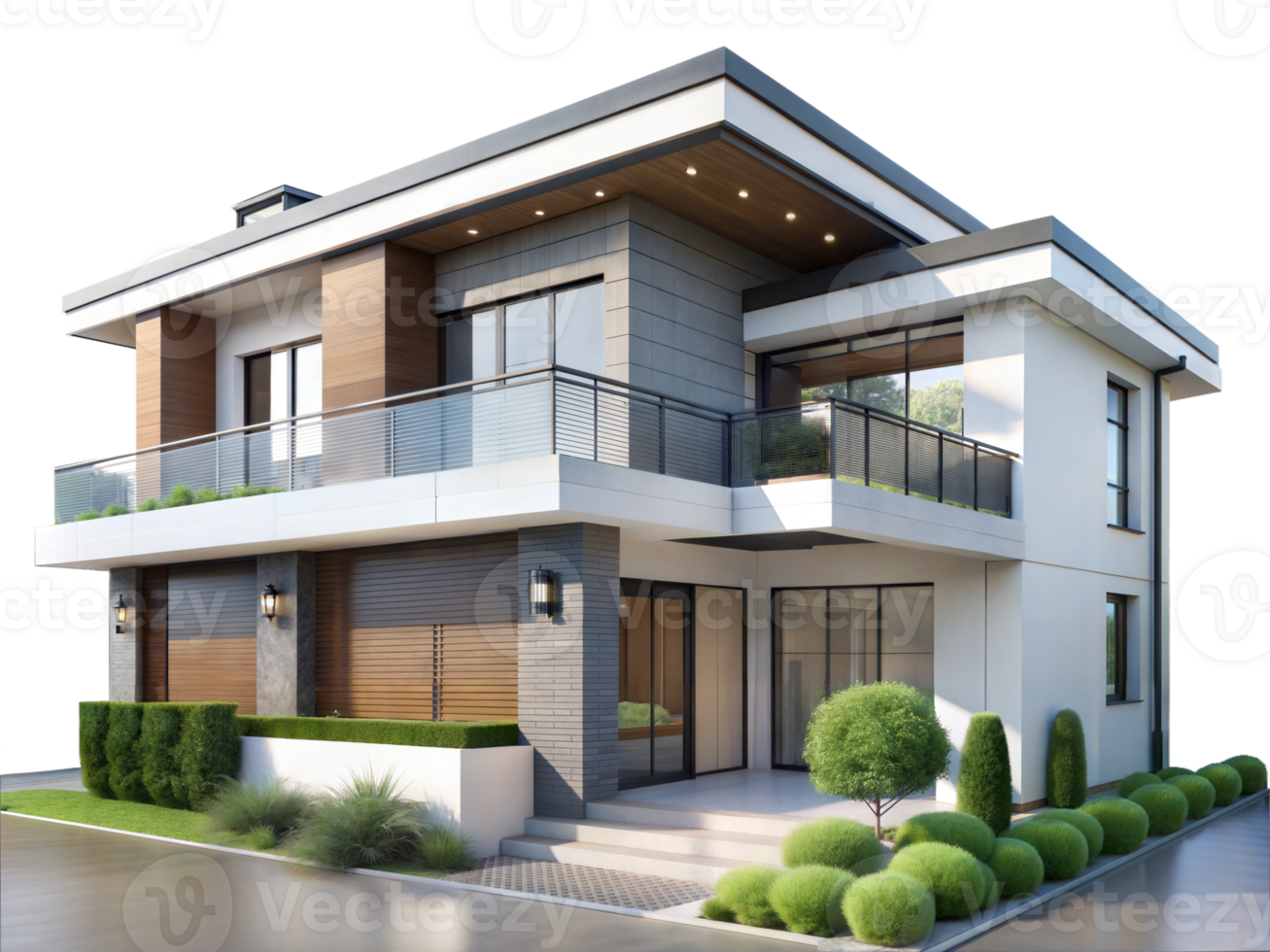 Modern house design with balcony and landscaping png