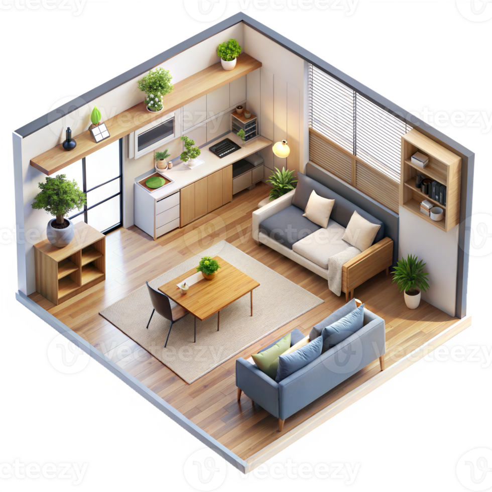 A 3d rendering of a living room and kitchen png
