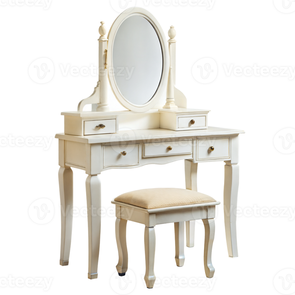 A white dressing table with a mirror and stool png