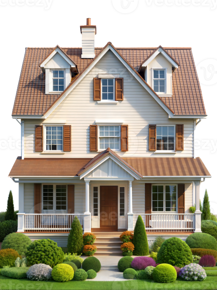 A house with a brown roof and white trim png