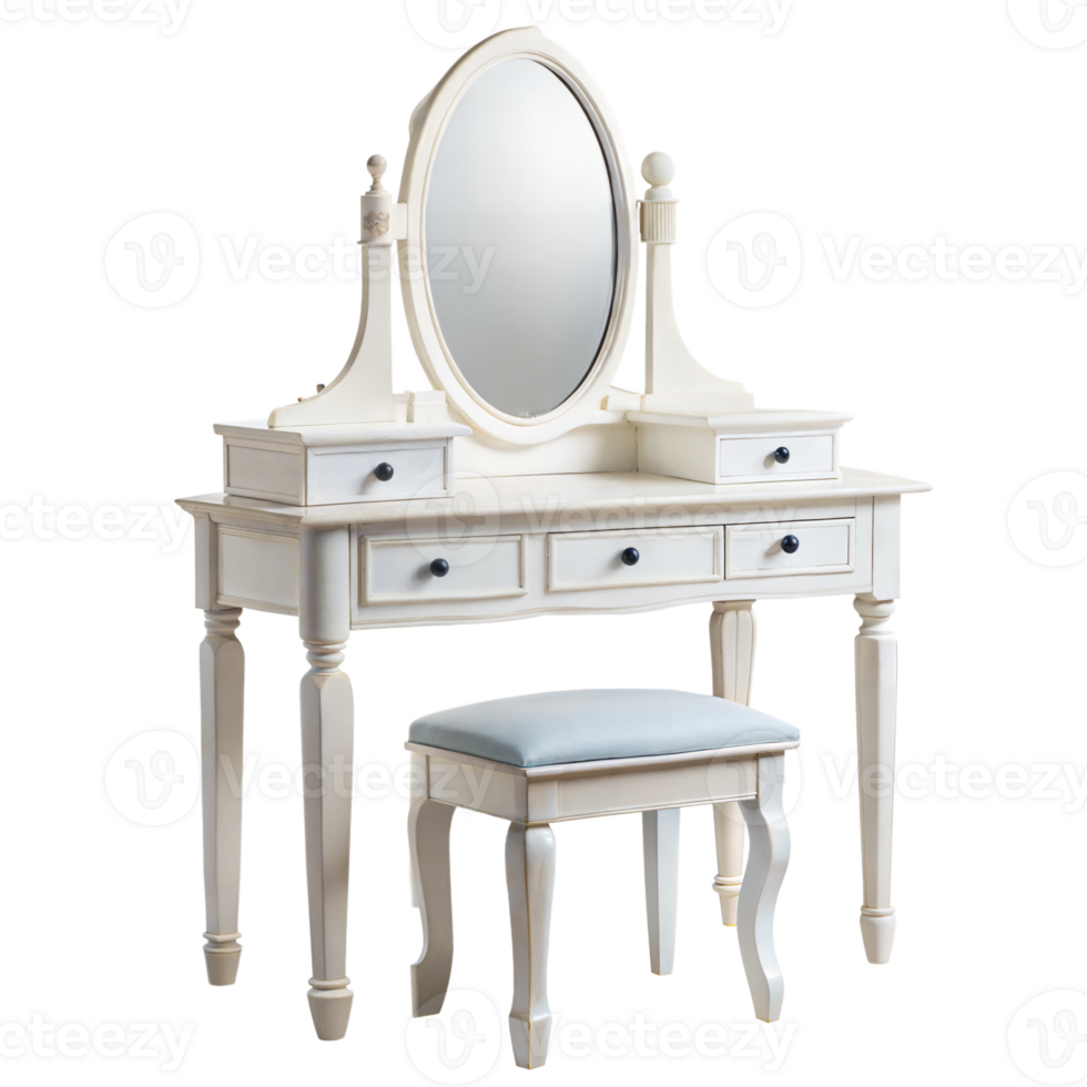 A white vanity table with a mirror and stool png