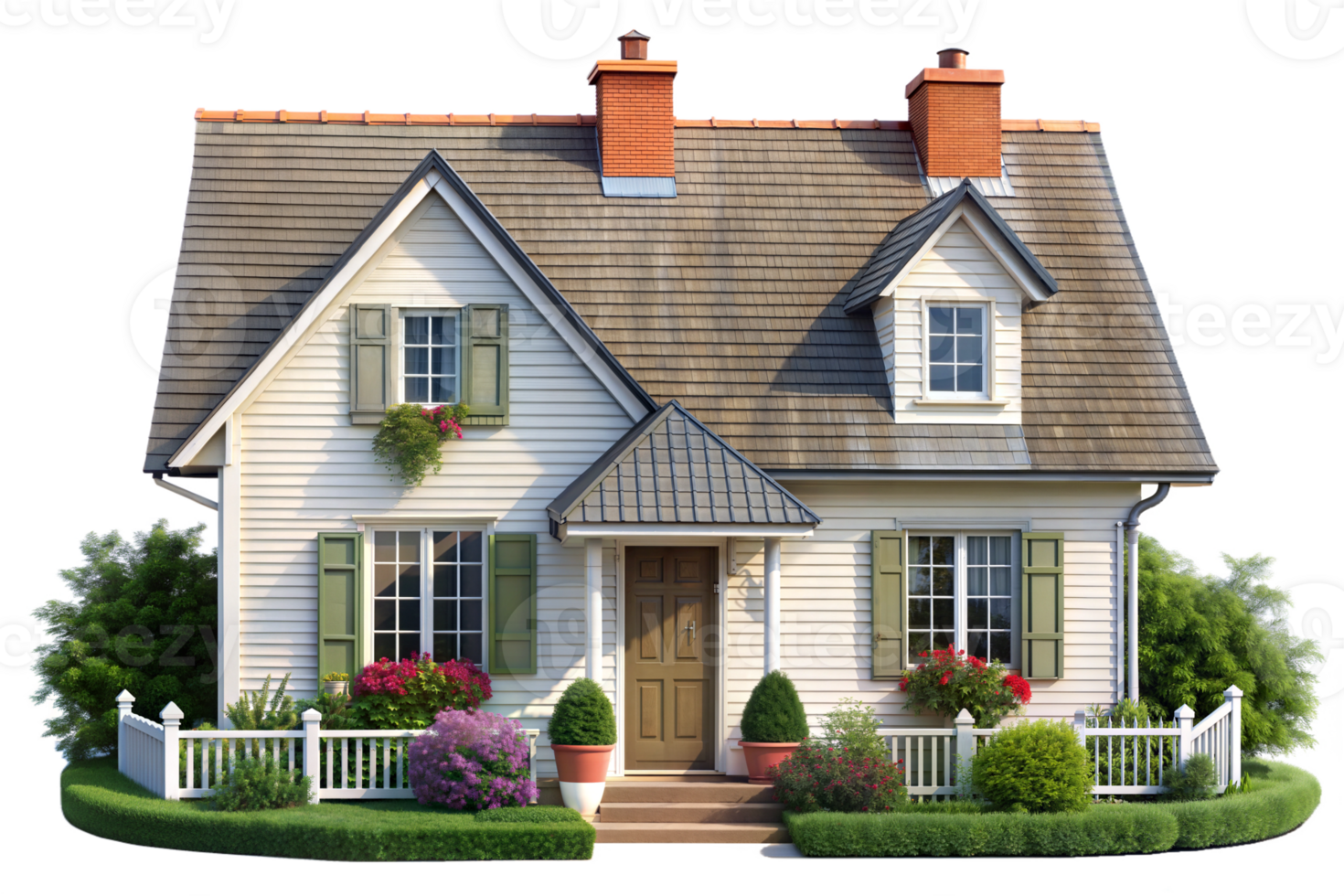 A house with a white fence and flowers png
