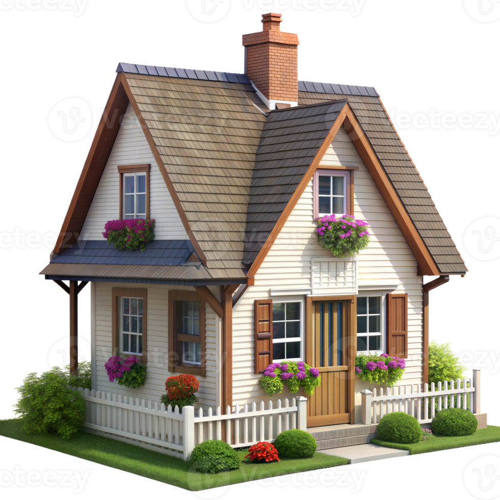 A small house with flowers on the front porch png