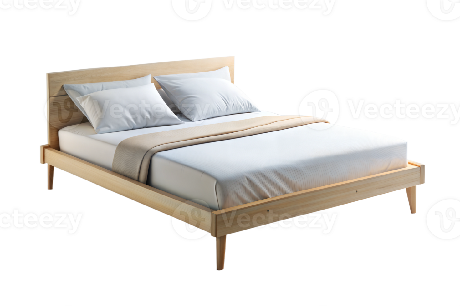 A bed with white sheets and pillows on it png