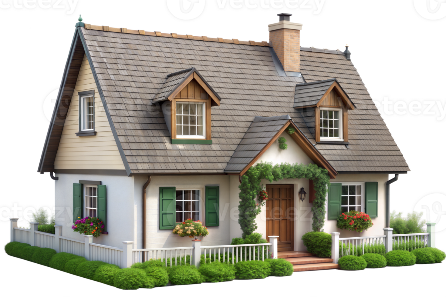A small house with a white picket fence and a green door png