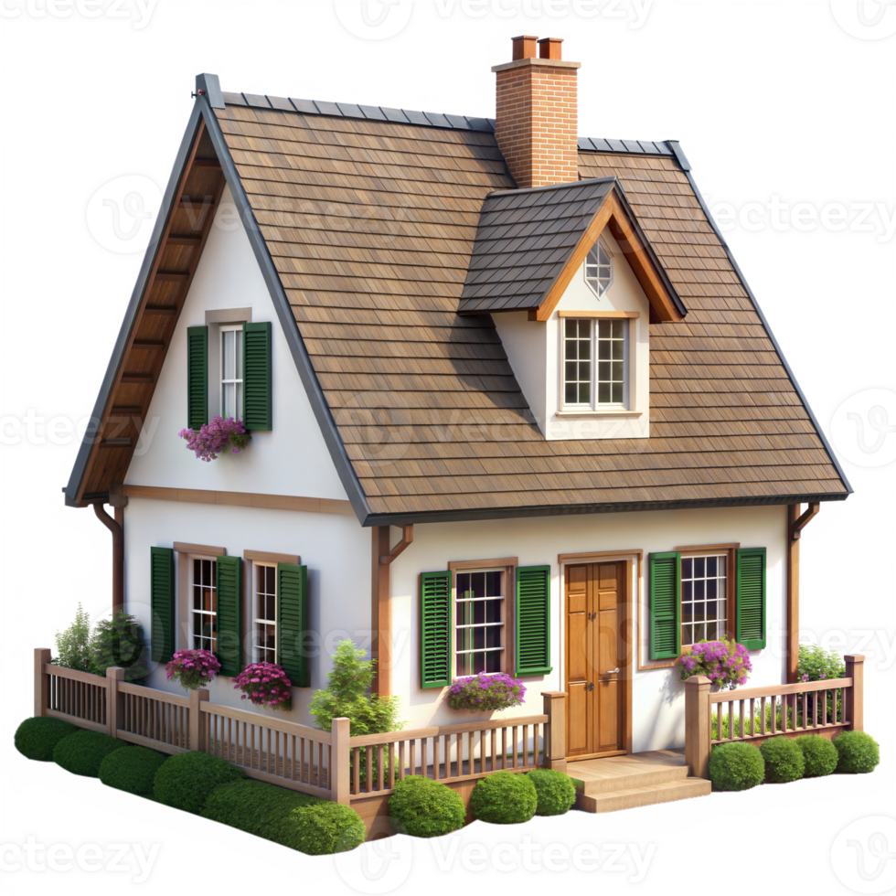 A small house with a brown roof and green shutters png