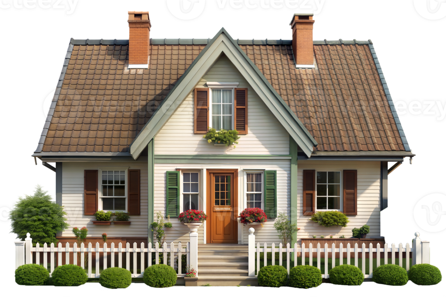 A house with a white picket fence and a brown roof png
