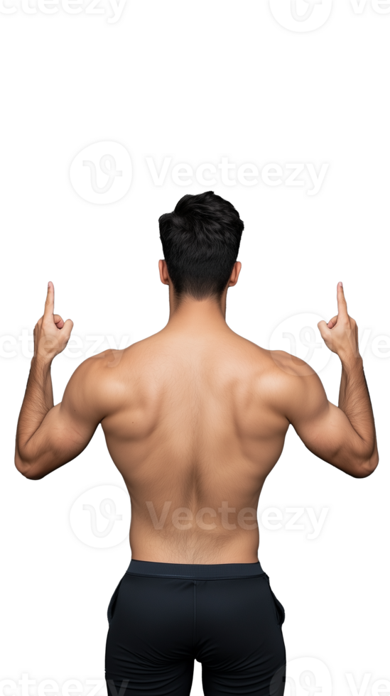Muscular man with raised fingers silhouette on transparent background png