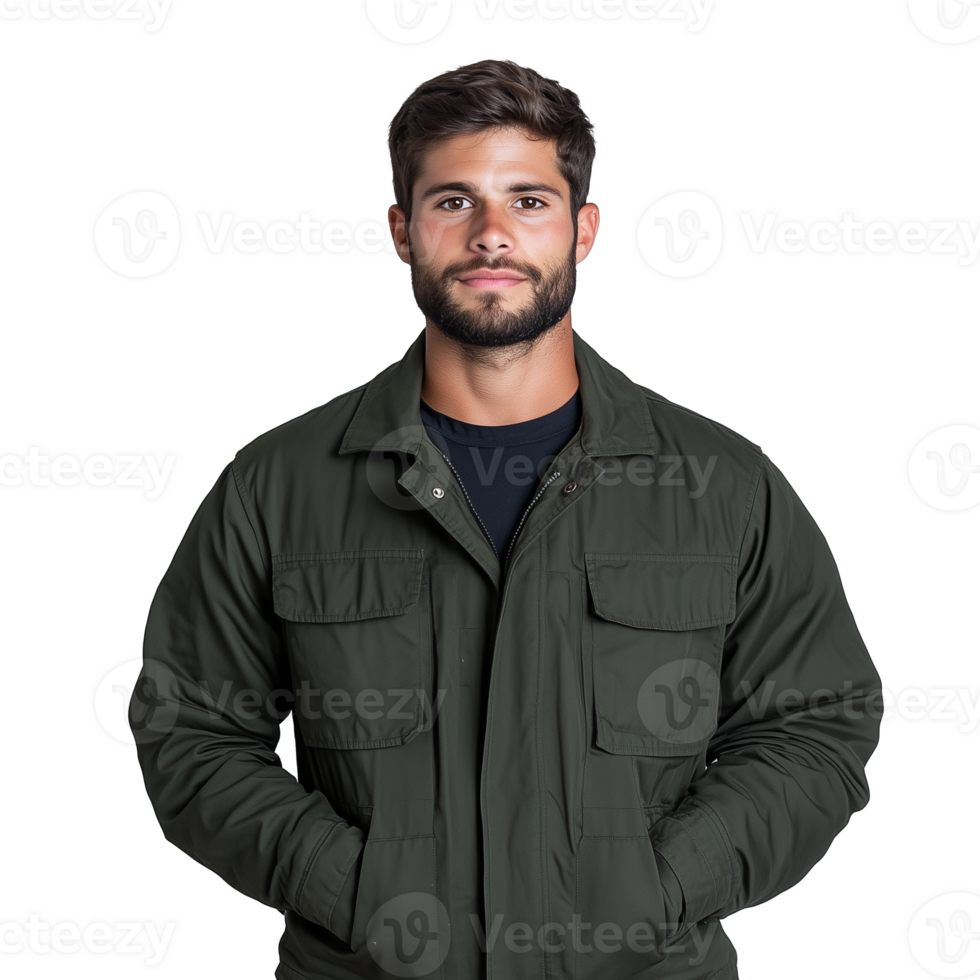 Confident man in green jacket on transparent background png