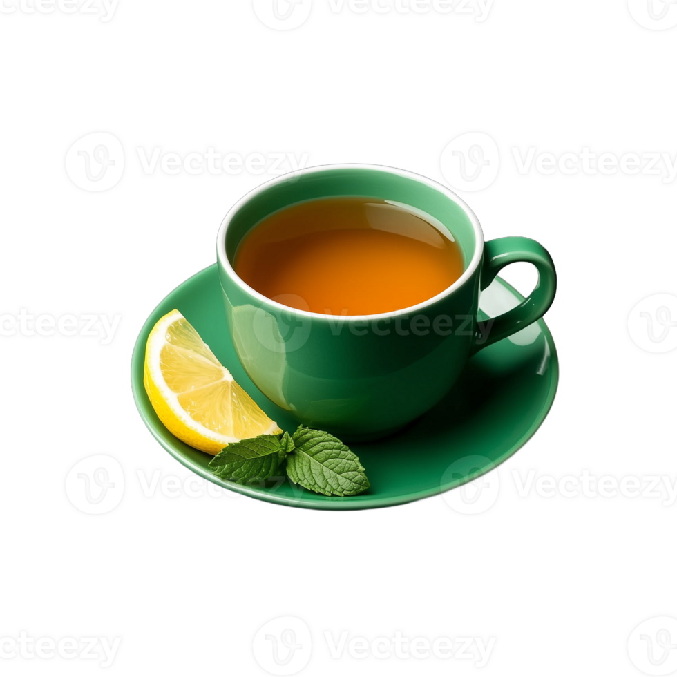 Green tea cup with lemon and mint leaves on transparent background png