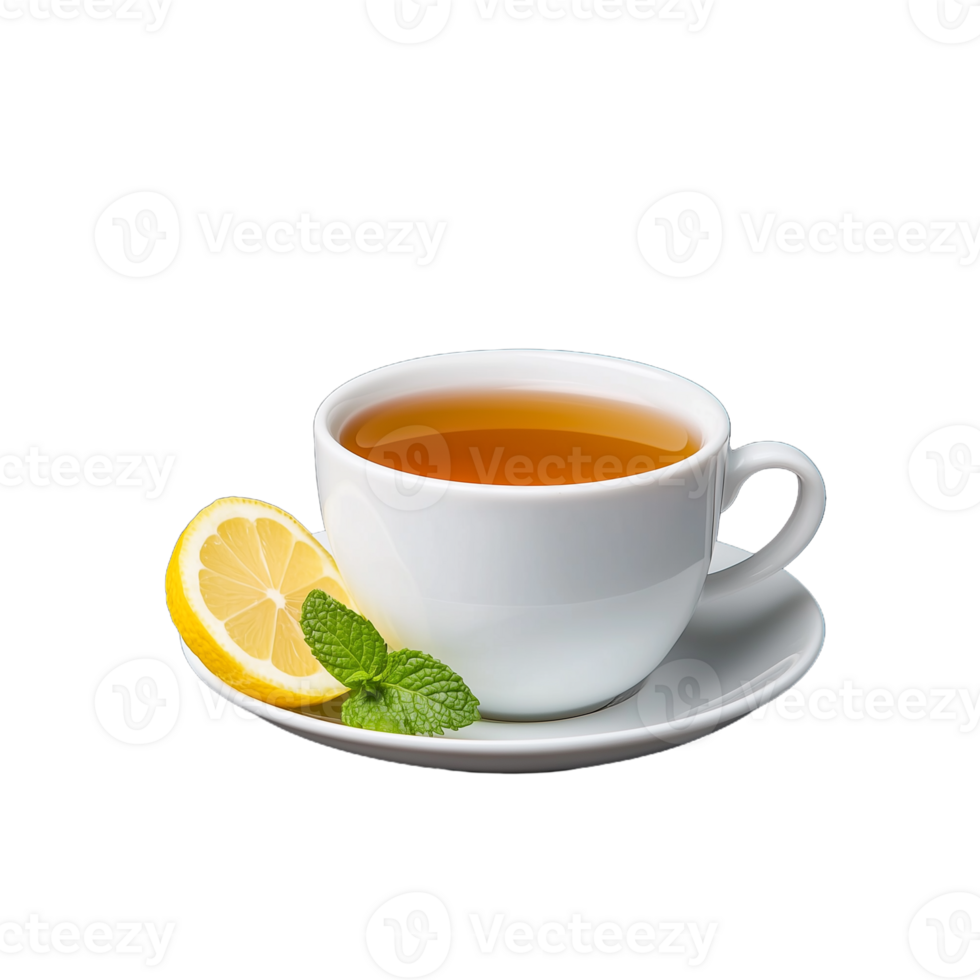 White tea cup with lemon slice and mint leaves on transparent background png