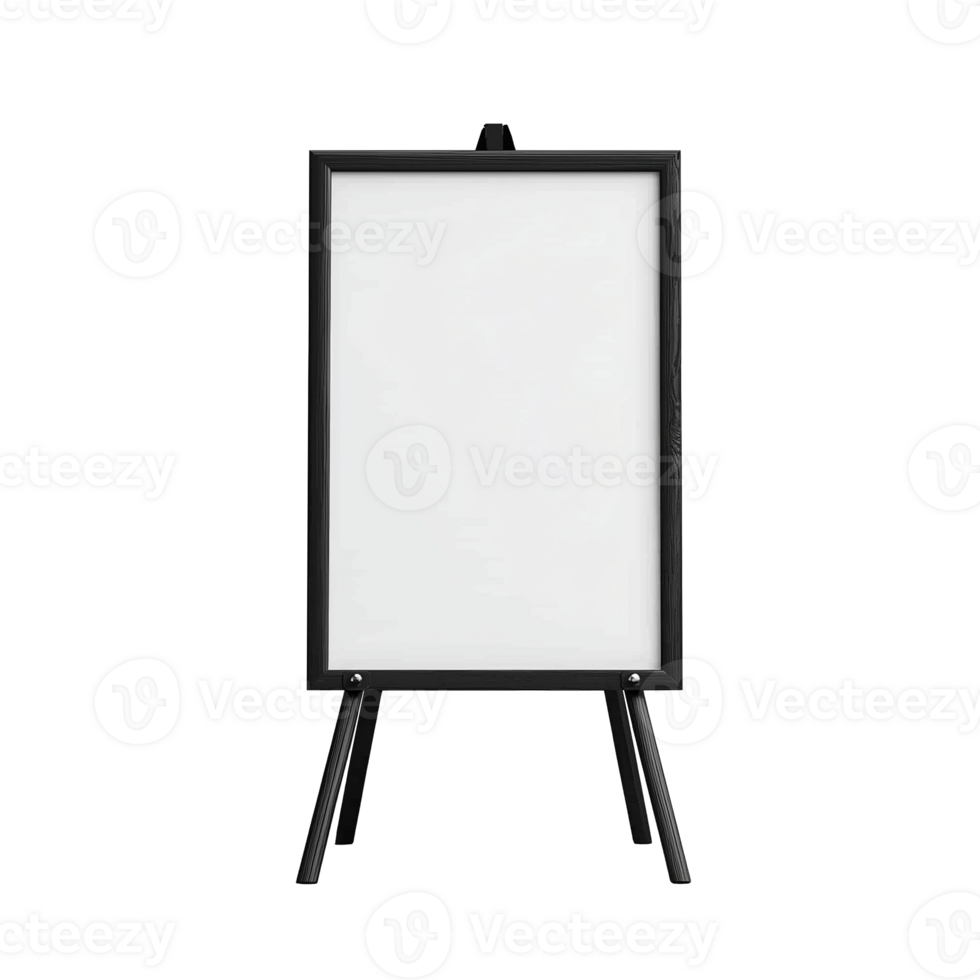 Black wooden frame standing on easel with blank canvas on transparent background png