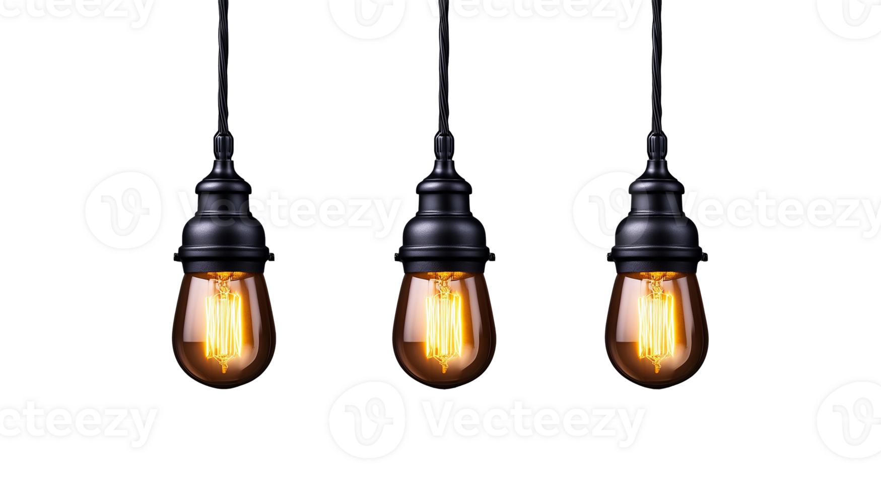 Vintage Edison light bulbs hanging in a row on transparent background png