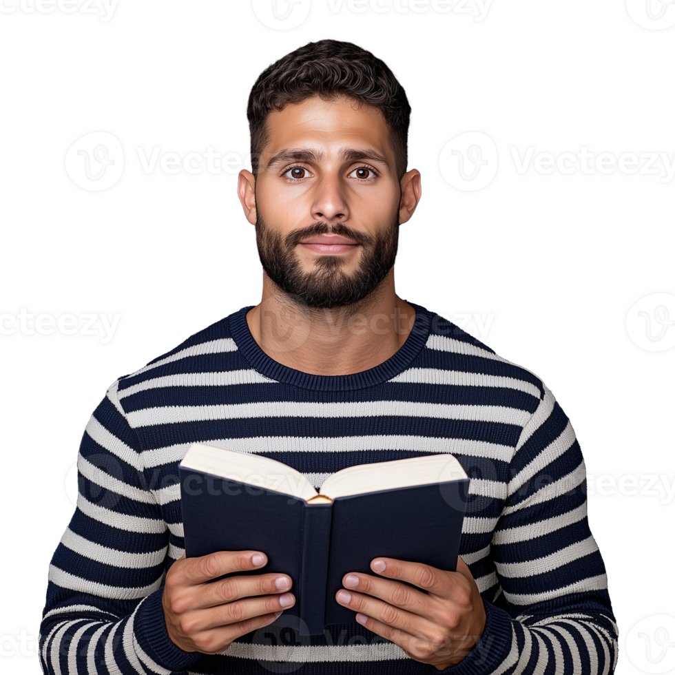 Man Holding Open Book on Transparent Background png