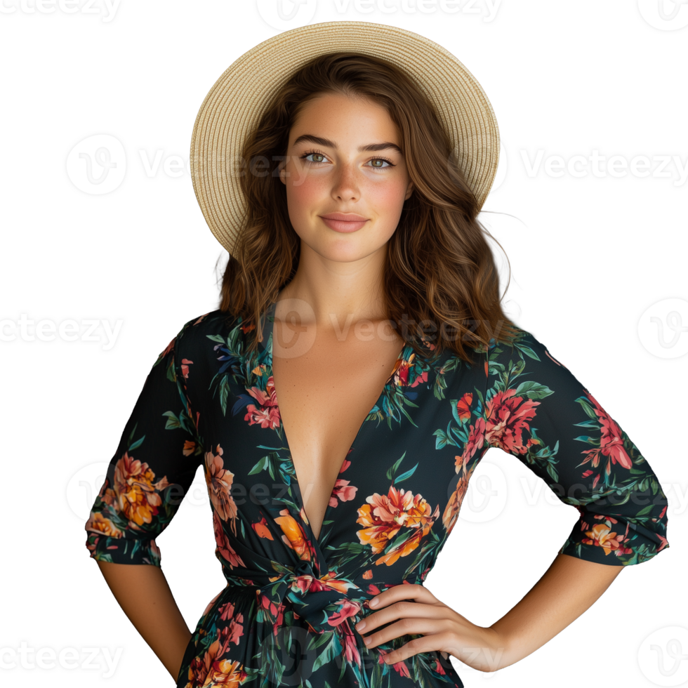 Floral dress model posing with straw hat on transparent background png