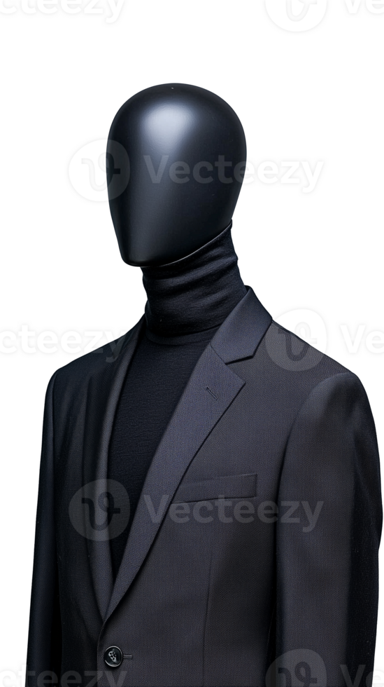 Elegant black mannequin wearing stylish turtleneck and blazer on transparent background png