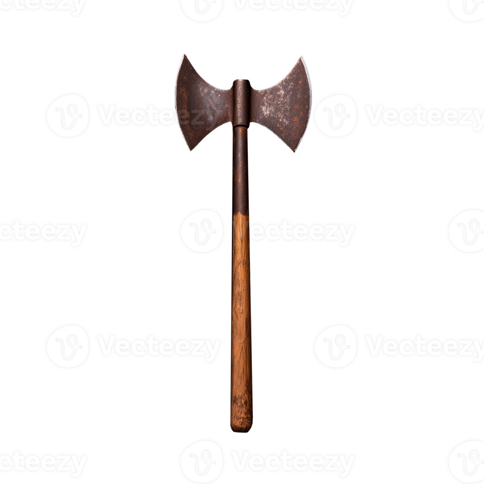 Double-headed battle axe with wooden handle on transparent background png