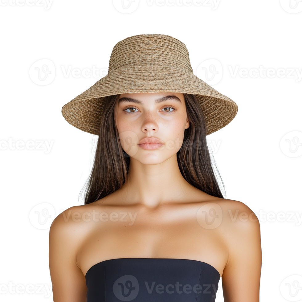 Woman wearing a stylish straw hat with transparent background png