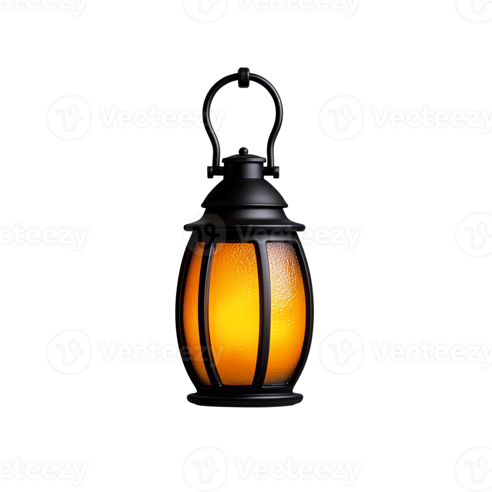 Vintage lantern with warm glow and textured glass design on transparent background png
