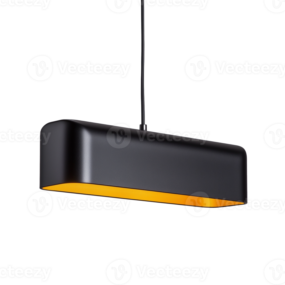 Modern rectangular pendant light fixture with black finish and warm orange interior on transparent background png