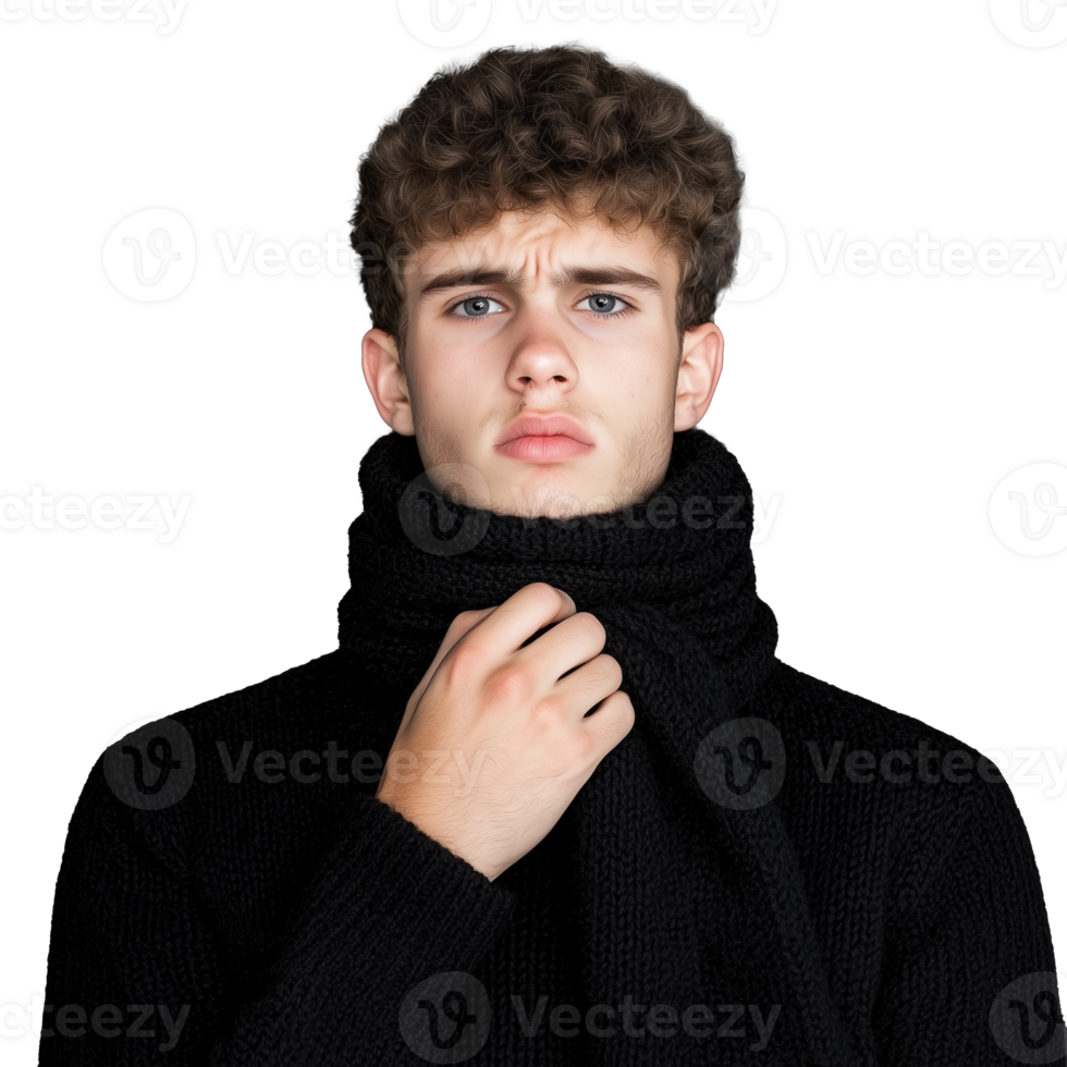 Young man wearing black scarf with thoughtful expression on transparent background png