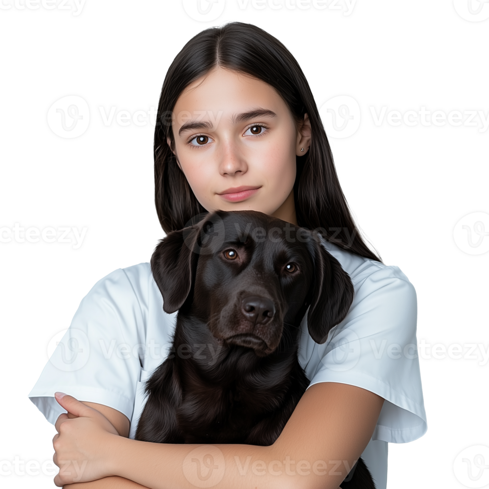 Girl with Labrador Retriever dog in arms on transparent background png