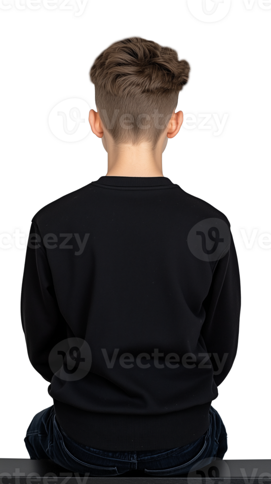 Back view of a young person with styled hair wearing a black sweater on transparent background png