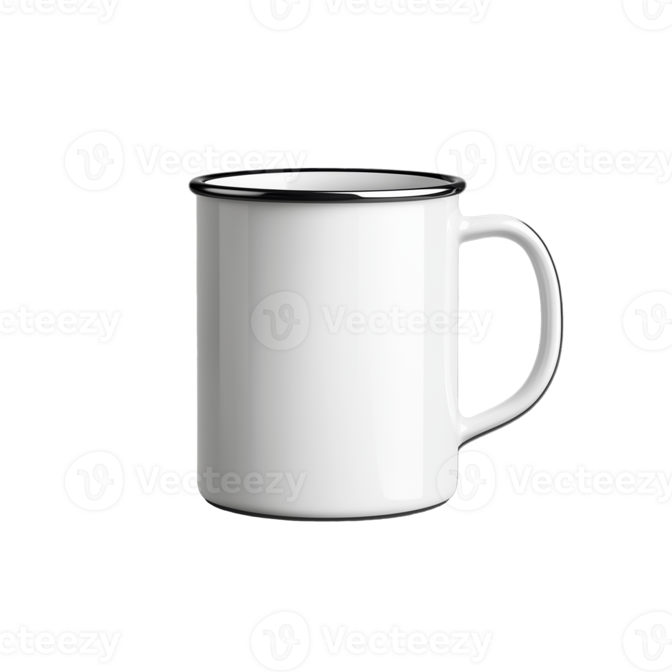 Classic white enamel mug with black rim on transparent background png