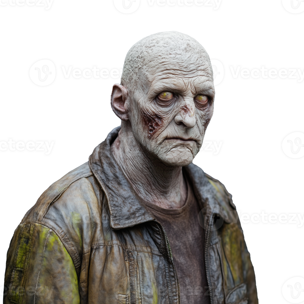 Realistic zombie character portrait with detailed facial features on transparent background png