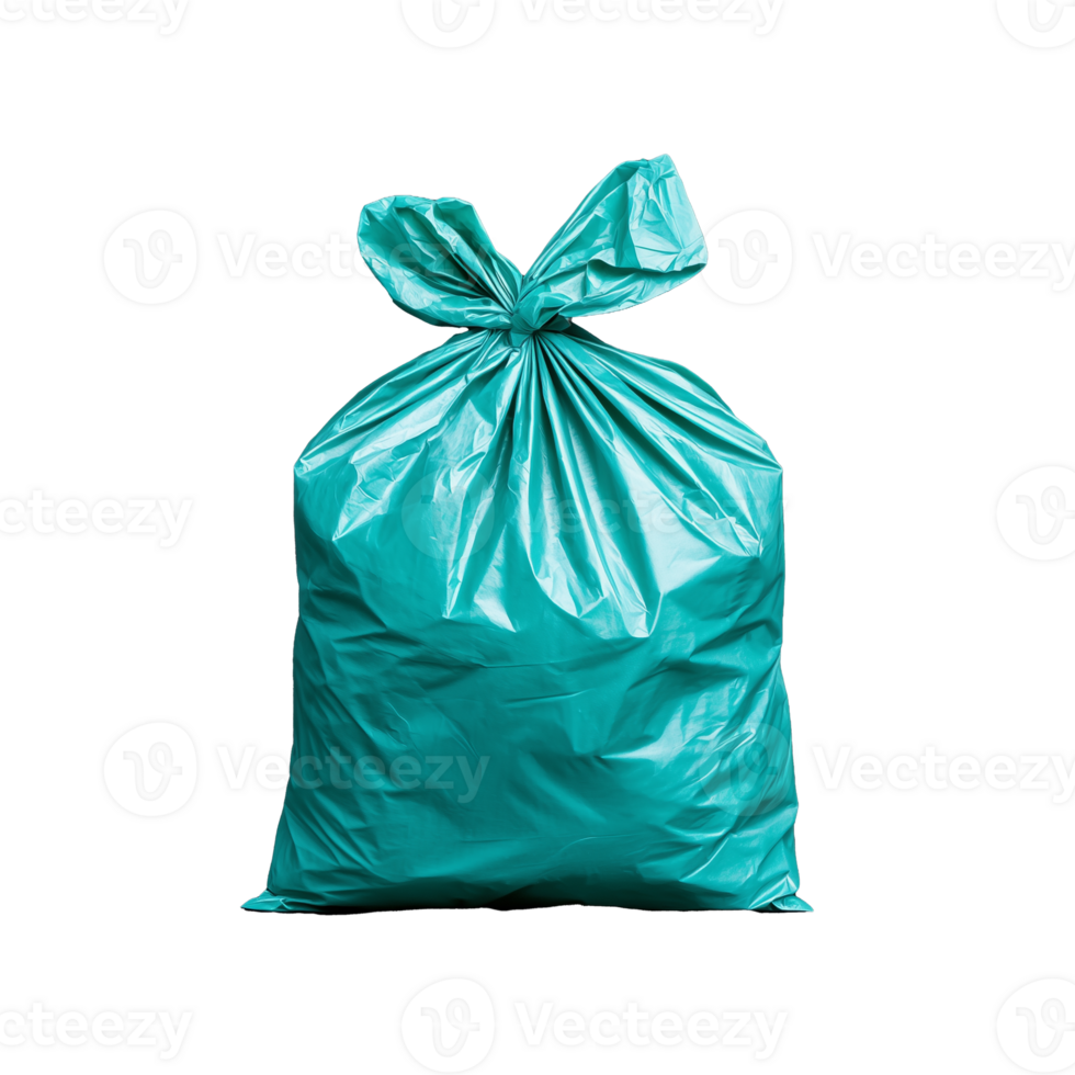Teal plastic garbage bag tied at the top on transparent background png