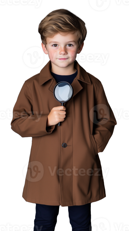 Young detective holding magnifying glass in brown coat on transparent background png