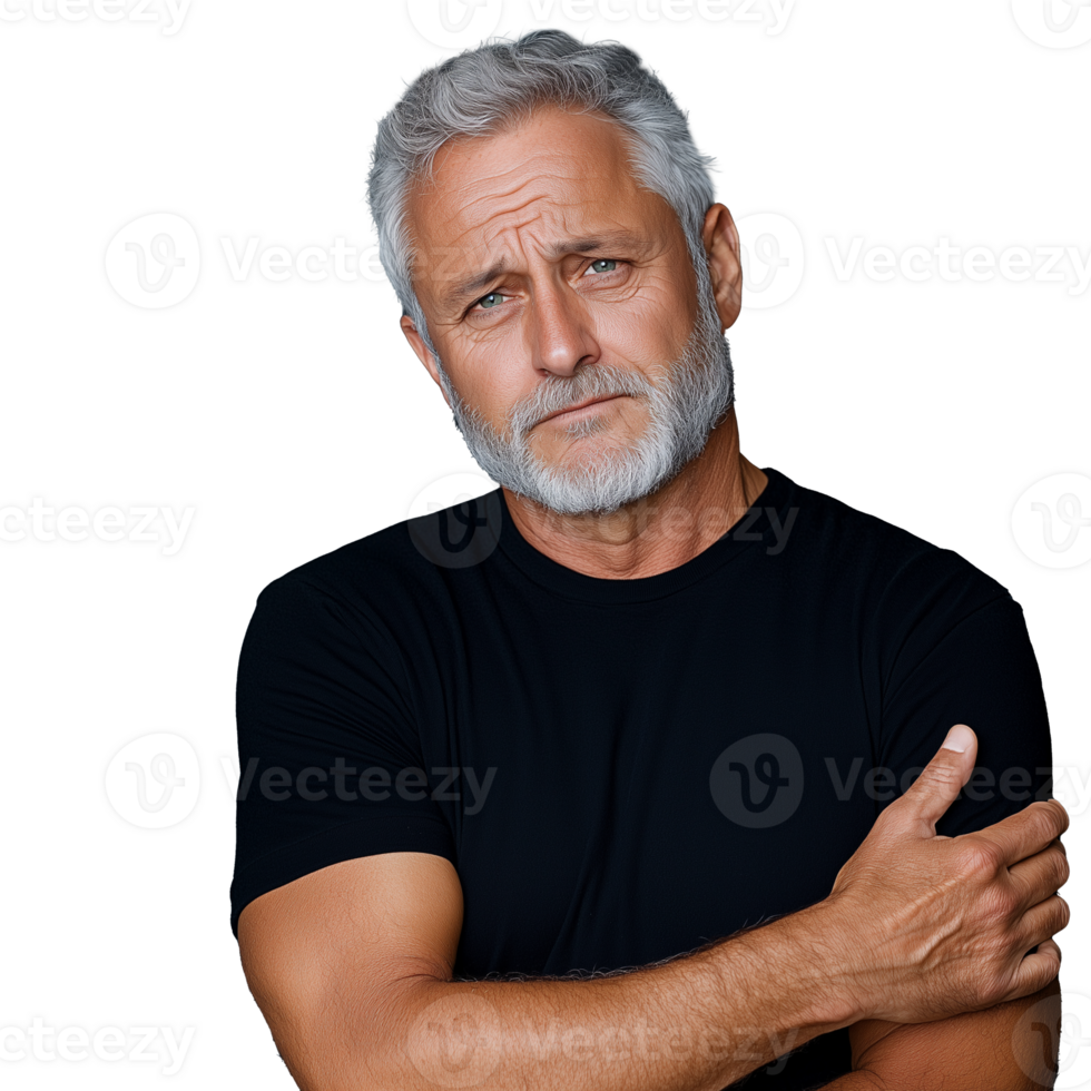 Thoughtful mature man with gray beard and serious expression on transparent background png