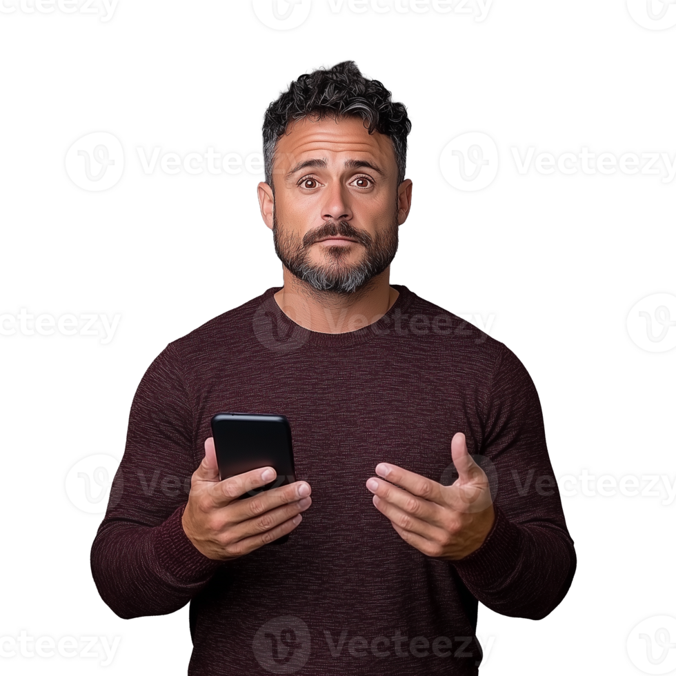 Man holding smartphone with questioning expression on transparent background png