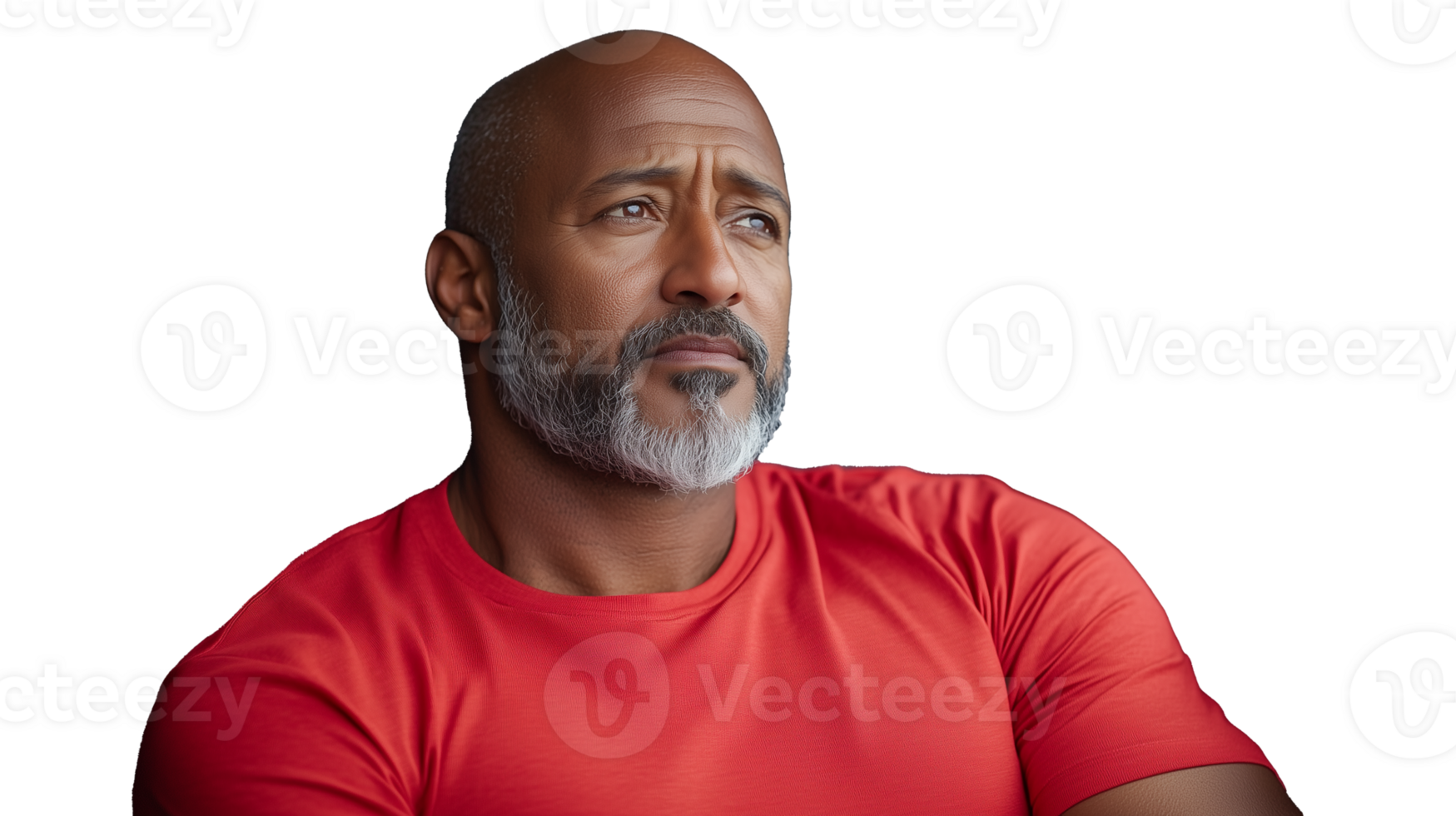 Thoughtful man with a beard wearing a red shirt on transparent background png