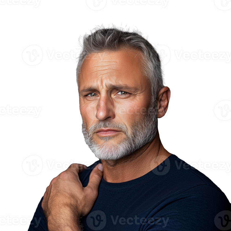 Mature man with gray hair and beard looking thoughtfully on transparent background png