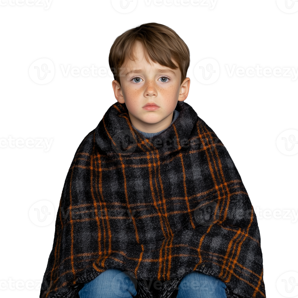 Young boy wearing a plaid blanket sitting calmly on transparent background png