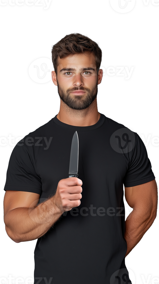 Man holding knife with confident expression on transparent background png