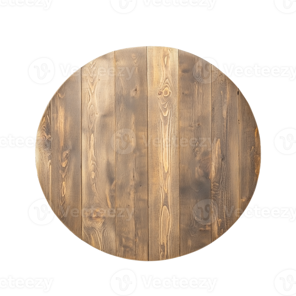 Round wooden table top with natural grain patterns on transparent background png