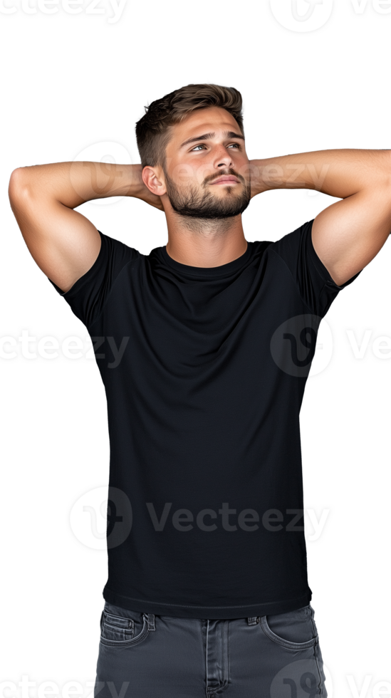 Young man posing confidently with arms behind head on transparent background png