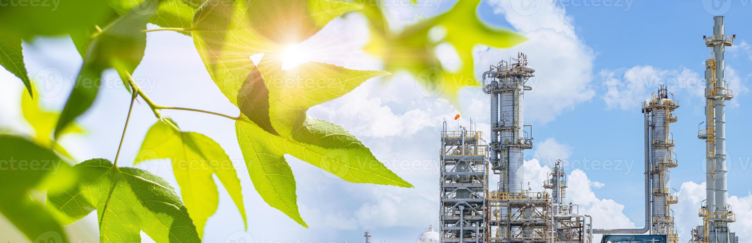 Green refinery oil and gas Petrochemical Industry. Eco Power plant Factory saving environment. Petroleum Industry low carbon footprint wide for banner. photo