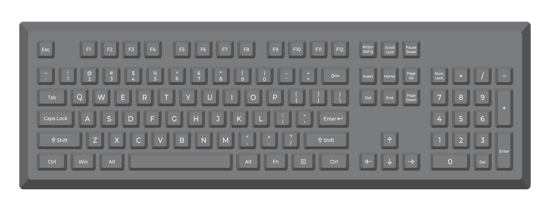 Black keyboard with letters and numpad in minimalist voluminous style. Illustration of keyboard in simple modern style. vector