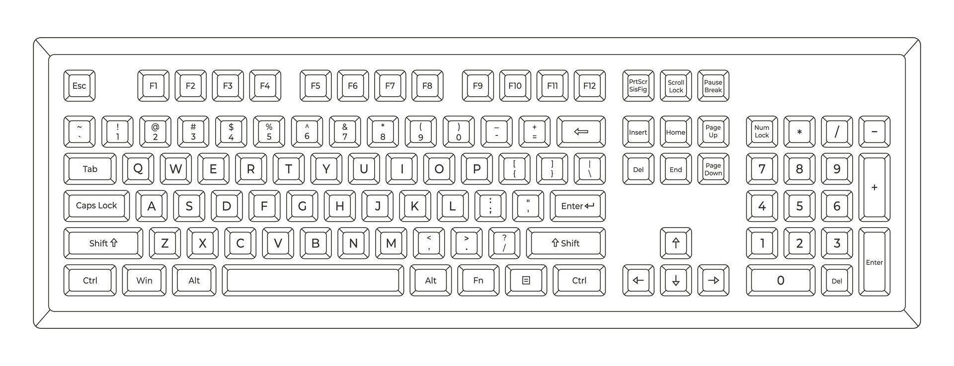 Flat outline keyboard with letters and numpad in minimalistic style vector