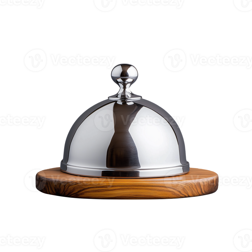 Elegant silver serving dome on wooden base on transparent background png