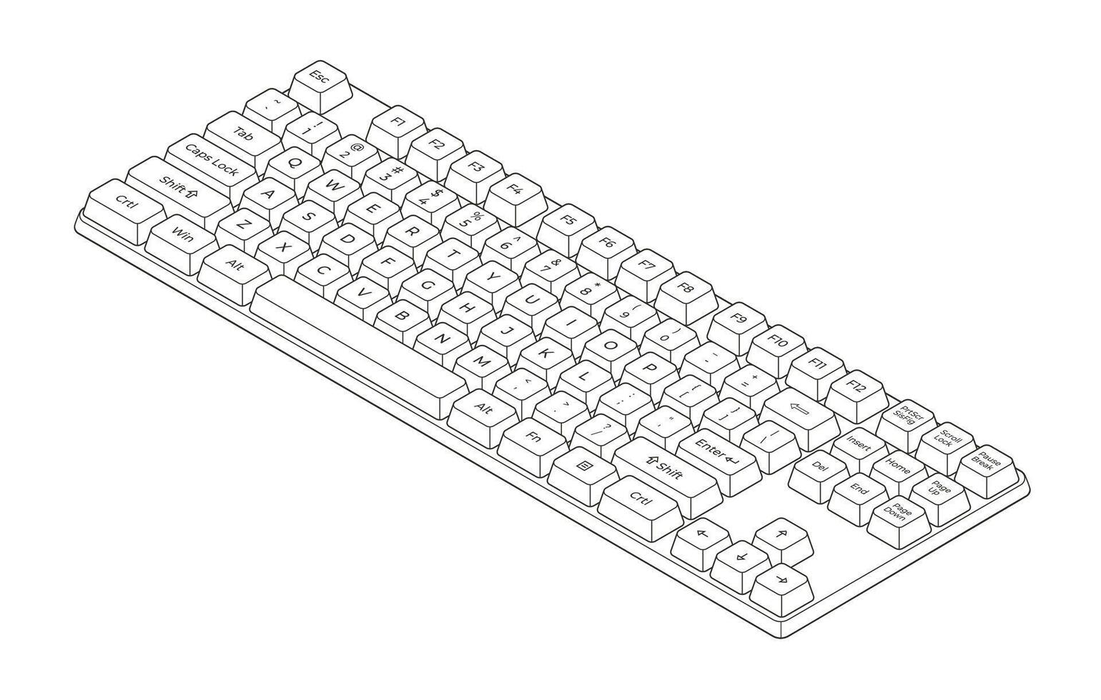Outline isometric keyboard with letters and numpad in minimalistic volumetric style vector