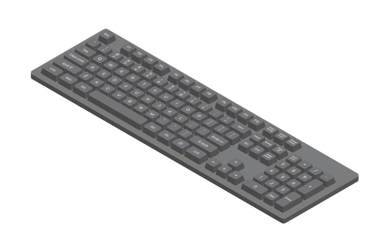 Black isometric keyboard with letters and numpad in minimalistic volumetric style vector