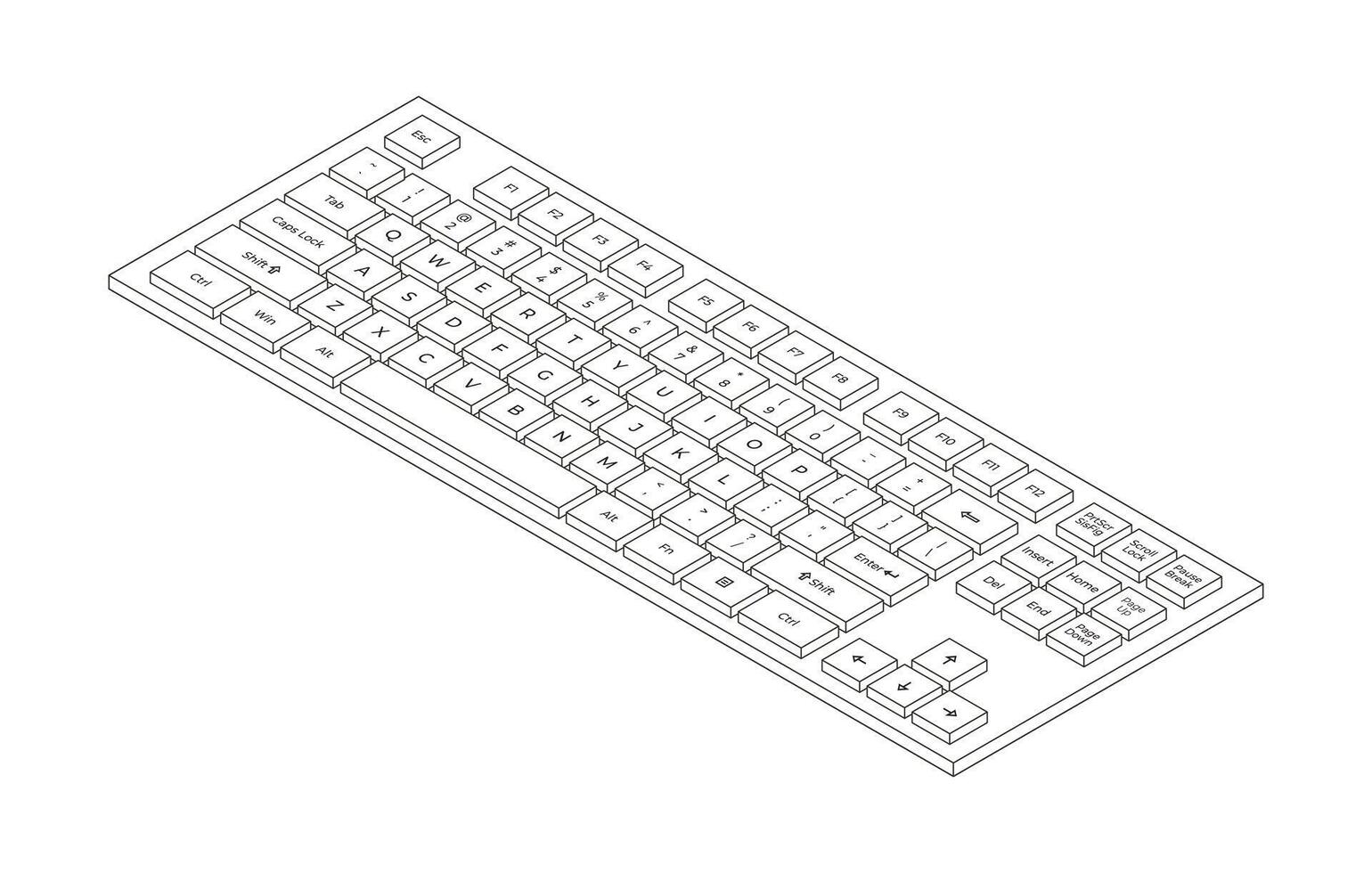 Outline isometric keyboard with letters in minimalistic volumetric style vector