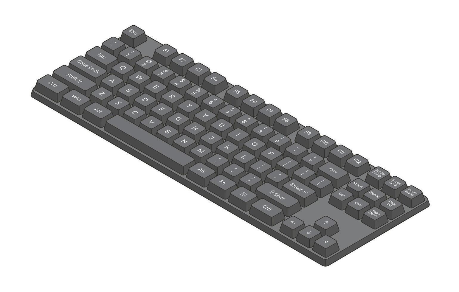 Black isometric keyboard with outline and letters and numpad in minimalistic volumetric style vector