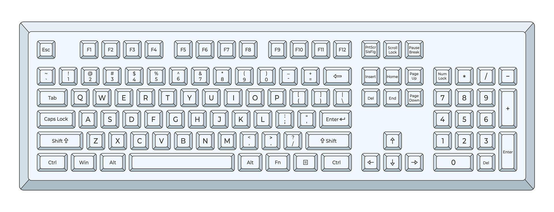White keyboard with outline and letters in minimalistic volume style vector