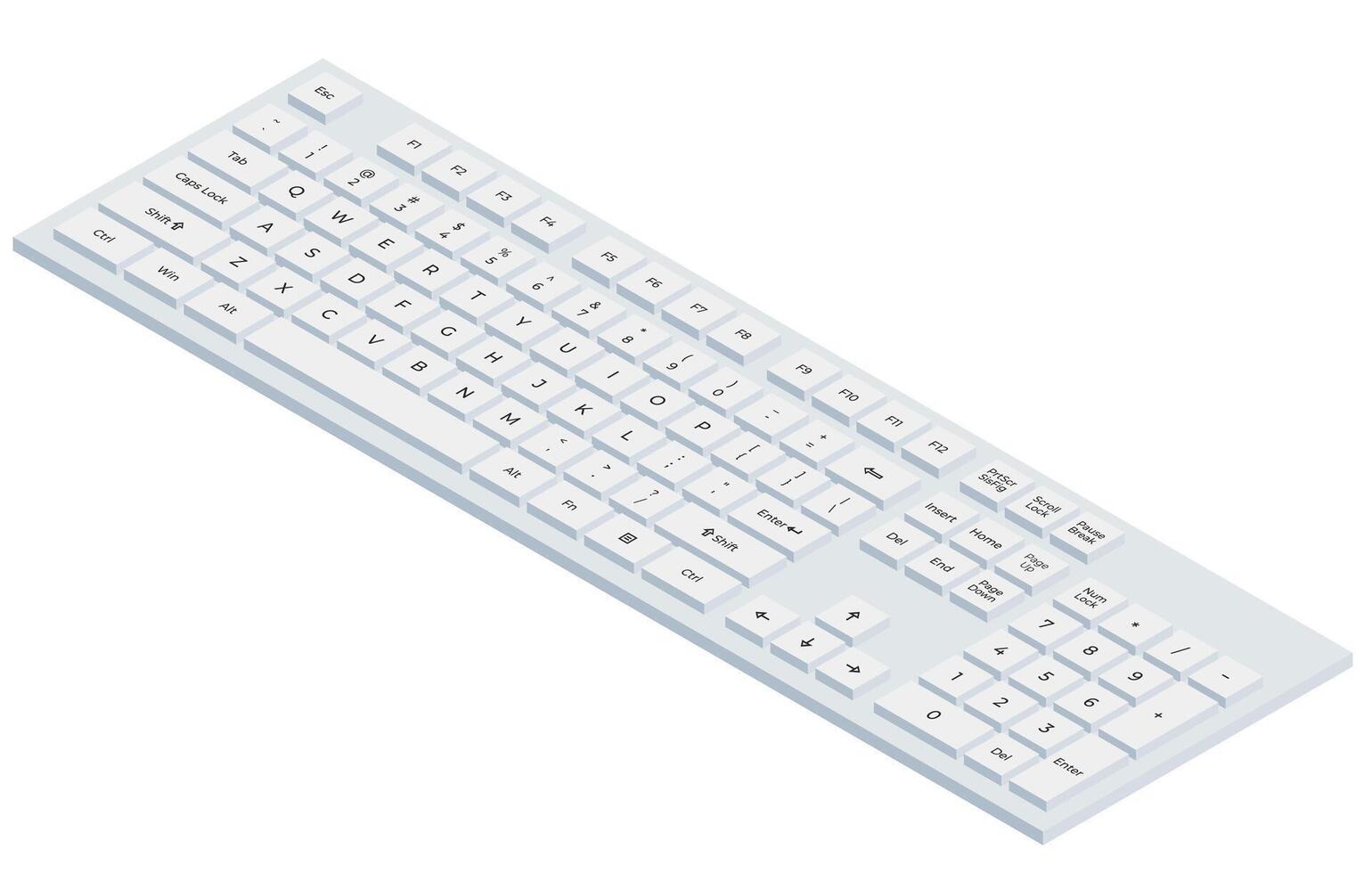 White isometric keyboard with letters and numpad in minimalistic volumetric style vector